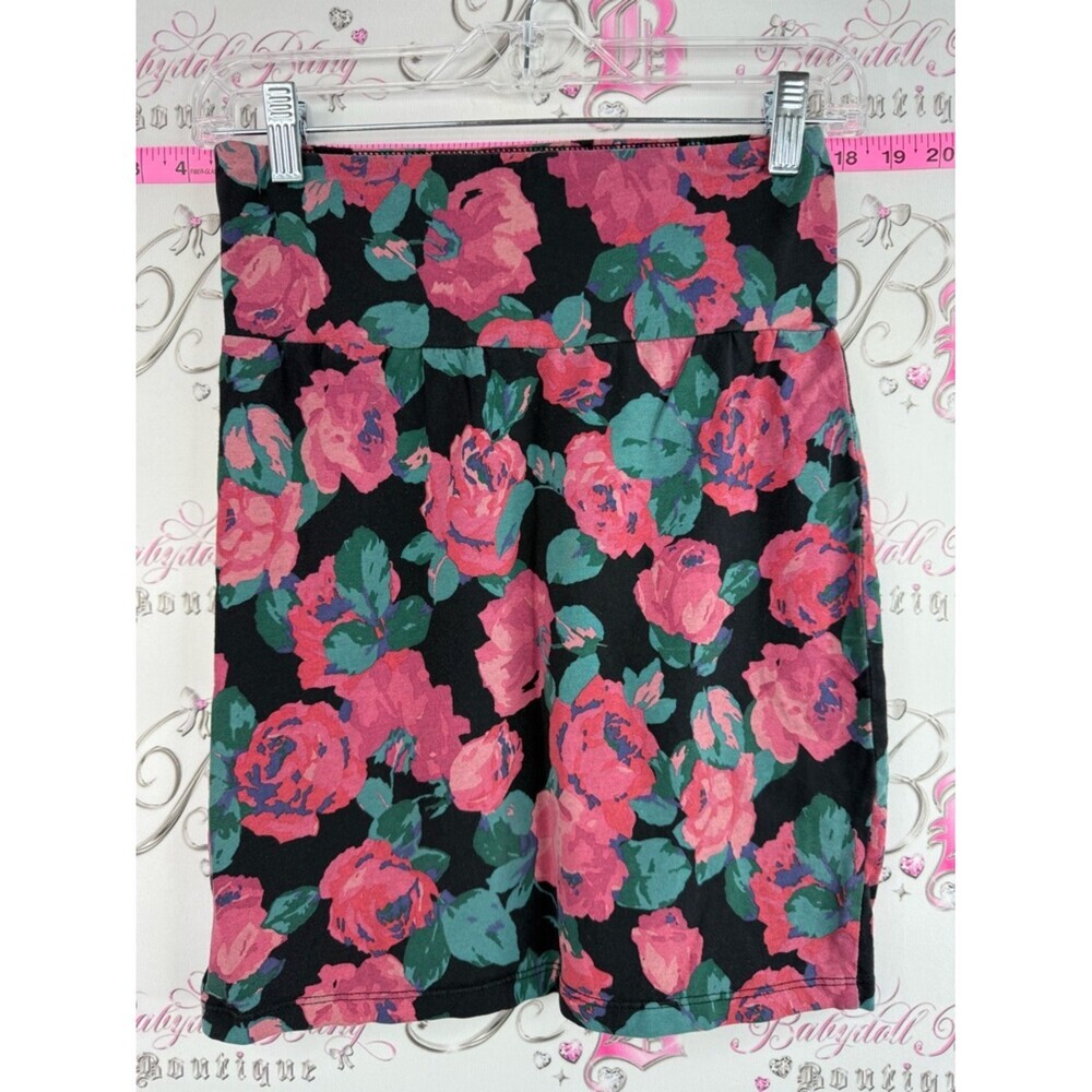 Talula Midi Skirt with Pink Rose Floral Print + Black background casual, formal